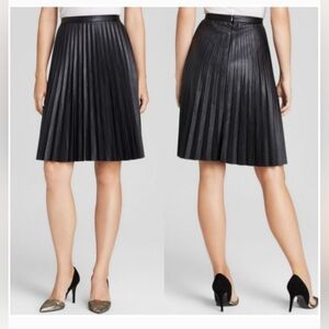 Calvin Klein Faux Leather Pleated Skirt Black Office Corporate Goth Moto 8